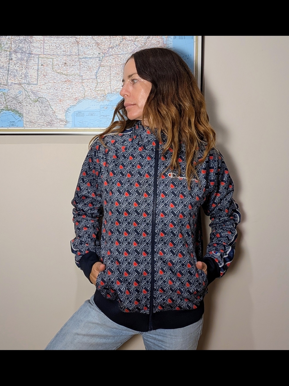 Woman's Champion windbreaker jacket with red & white geometric